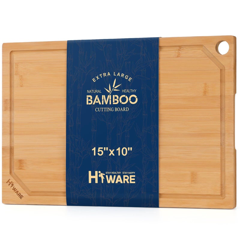 Hiware Bamboo Cutting Board for Kitchen, Heavy Duty Wood Cutting Board with Juice Groove, 100% Organic Bamboo, Pre Oiled, 15"" x 10"" - Image 1